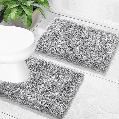 Yimobra Toilet Rugs U Shaped Washable, Extra Thick Soft Absorbent Chenille Contour Bathroom Rugs for Toilet 24x24 Inch, Quick Dry Non Slip Toilet Mat for Bath Floor, Light Grey