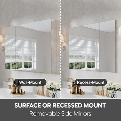 WELLFOR 44" x 30" Rectangle Medicine Cabinet Mirror, Surface Mount or Recessed Medicine Cabinet with Tempered Mirror, Anodized Chrome Aluminum Frame, Bathroom Mirror with Storage