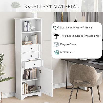 Harper & Bright Designs Storage Cabinet, 67.3 Inch Freestanding Tall Floor Bathroom Storage Cabinet with 3 Drawers, One Drawer, and Adjustable Shelves for Bathroom, Office, and Living Room (White)