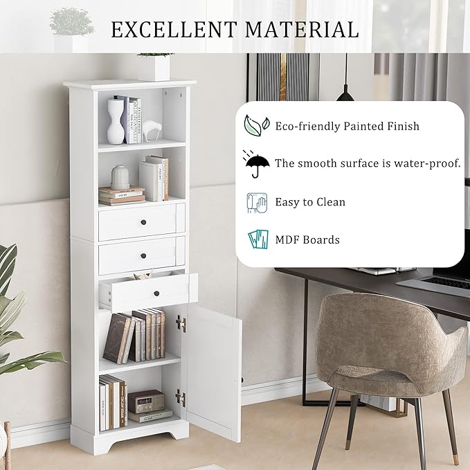 Favfurish 67" Tall Bathroom Storage Cabinet with Door and 3 Drawers,Modern Linen Cabinets w/Adjustable Shelf & 2-Tier Open Shelves,Freestanding Organizer for Bath Room,Study,Office,White