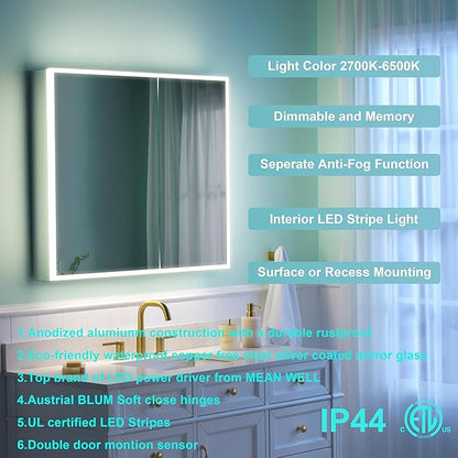 WELLFOR 30" X 30" Medicine Cabinet with Lights, 3X Magnification, Anti-Fog Mirrored Cabinet, Bathroom Vanity Medicine Cabinet with Outlets & USB Ports, Double Doors