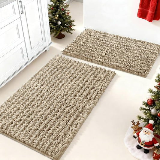 Yimobra Bathroom Rugs Sets 2 Piece - Quick Dry Extra Thick Luxury Chenille Bath Mat, Non Slip Super Absorbent for Tub Shower Sink, Machine Washable Shaggy Floor Mat, 32"x20"+24"x17" Inch, Pale Khaki