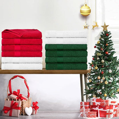 Ample Decor Hand Towels Set of 12 for Bathroom 100% Cotton 18 X 28 Inch 600 GSM Quick Drying - Christmas White, Red & Green