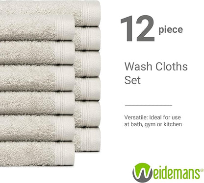 100% Cotton Washcloths Set 13” x 13” | Silver Towels | Set of 12 Ultra Soft and Highly Absorbent Washcloths Sets for Bathroom, Gym, Hotel, Spa | Machine Washable Face Towel