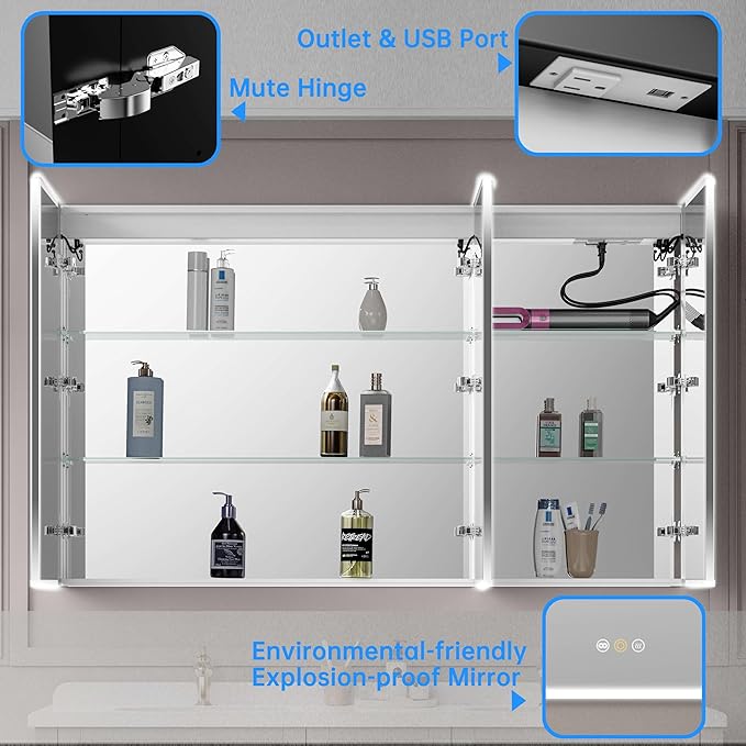 Recessed Medicine Cabinets for Bathroom with Mirror, Only Recessed Medicine Cabinet with Defogger, Dimmer, Outlets & USB, Three Doors