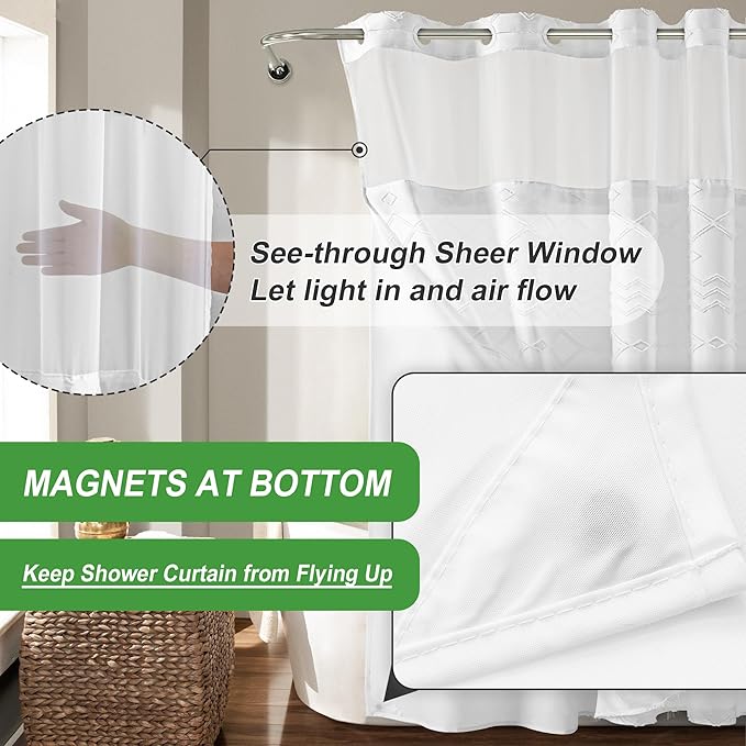 No Hooks Stall Shower Curtain with Snap in Liner- Water Repellent Tufted Chevron Striped Shower Curtains for Bath Tubs, Narrow Hotel Quality Bath Curtain Set, 36Wx74H, White