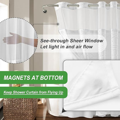 No Hooks Shower Curtain with Snap-in Liner, White Boho Fabric Tufted Chevron Striped Textured Shower Curtains for Bathroom, Water Repellent Hotel Quality Luxury Shower Curtain, 72Wx74H