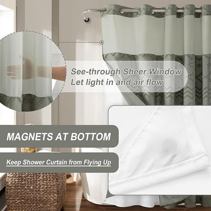 Long No Hook Tufted Chevron Striped Shower Curtain with Snap-in PEVA Liner Set - 72" x 86", Hotel Style with See Through Top Window, Water Repellent Fabric Shower Curtain Grey