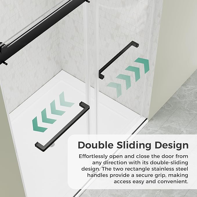 DELAVIN 56"-60"W x 75"H Frameless Shower Door, Double Sliding Shower Door, 5/16"(8mm) Clear Tempered Glass, Noiseless Shatterproof Shower Door with Square Rail, Stainless Steel, Aluminum, Matte Black
