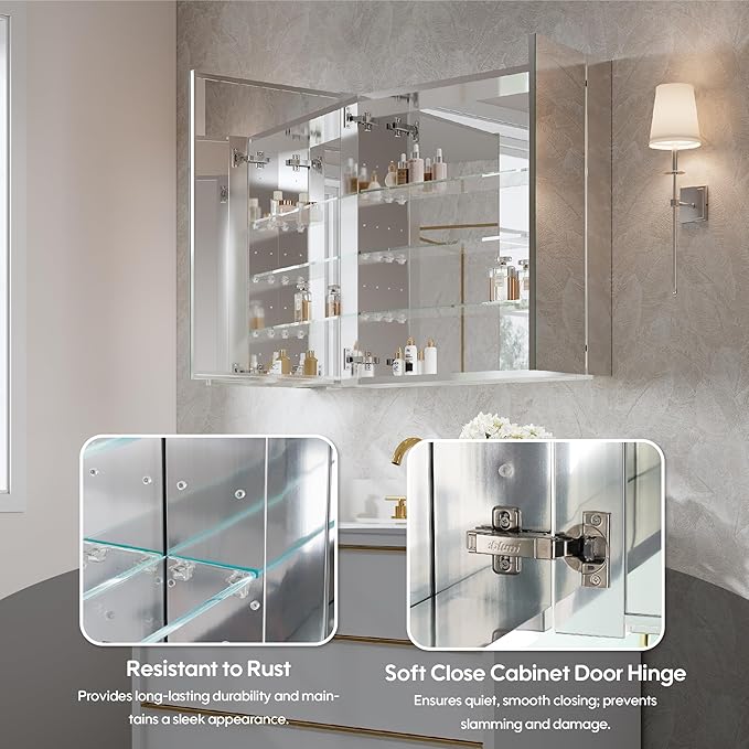 WELLFOR 40" x 30" Bathroom Medicine Cabinet, Anodized Chrome Aluminum Frame, Medicine Cabinet with Adjustable Glass Shelves, Bathroom Mirror Cabinet, Surface or Recessed Mount, Three Doors