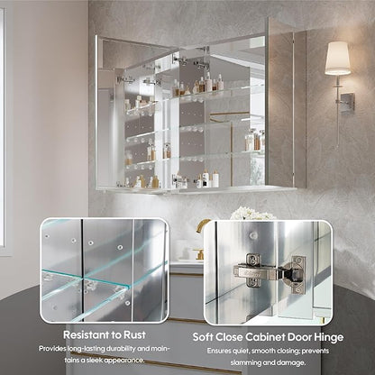 WELLFOR 40" x 30" Bathroom Medicine Cabinet, Anodized Chrome Aluminum Frame, Medicine Cabinet with Adjustable Glass Shelves, Bathroom Mirror Cabinet, Surface or Recessed Mount, Three Doors