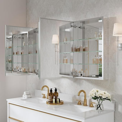 WELLFOR 52" x 30" Rectangle Medicine Cabinet Mirror, Surface Mount or Recessed Medicine Cabinet with Tempered Mirror, Anodized Chrome Aluminum Frame, Bathroom Mirror with Storage