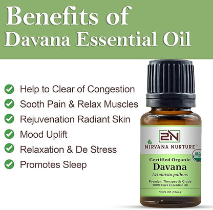 Davana Essential Oil USDA Certified Organic 100% Pure Premium Therapeutic Grade, Undiluted - Aromatherapy Diffuser for Calm and Relaxation, Skin Care, Hair Care