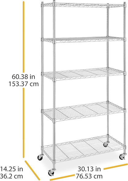 Whitmor 5 Tier Shelving Unit, Adjustable Storage Shelves with Wheels, 400 lbs Capacity per Shelf, Max 2000 lbs Total for Pantry, Kitchen, Garage, 30" L x 14" W x 60" H, Chrome