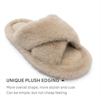 Chantomoo Womens Slippers Memory Foam Fuzzy Cross Band Faux Fur Slippers for Women Gift