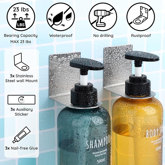 Segbeauty 3 Pcs Stainless Soap Bottle Dispenser Holder,Dia 1.3in 3.3cm Drill-Free Dispenser Holder Wall Mounted Rack, Sliver Adhesive Wall Mount Bottle Holder for Shower Gel Bathroom Toilet Kitchen