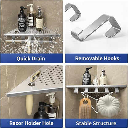 Grout in Shower Shelves with Hooks, 304 Stainless Steel Corner Bathroom Shelf for Tiled Wall (Brushed, 10'' x 10'')