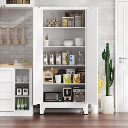 Metal Cabinets with Barn Doors and Adjustable Shelves,71" Tall Storage Cabinet,5-Tier Storage Cupboard for Kitchen,Dining Room,Garage,Bathroom,White