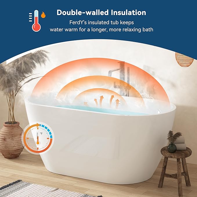 FerdY 55" Bali Acrylic Freestanding Bathtub, Gracefully Shaped Freestanding Soaking Bathtub, cUPC Certified, Toe-Tap Matte Black Drain