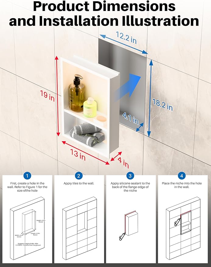 Lighted Shower Niche,Bathroom Wall Niche with LED Light Strip Waterproof,No Tile Needed,Double Shelves Stainless Steel,(Matta White, 18 * 12 * 4 in)