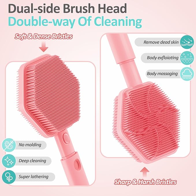 Silicone Back/Face Scrubber & Bath Glove Set 3PCS, Extendable Back Scrubber with Dual-Side Large Head, 360° Anti-Slip Bath Glove, Unique Side-Bristle Face Scrubber for All-Round Cleaning(Pink)