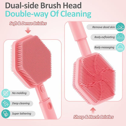 Silicone Back/Face Scrubber & Bath Glove Set 3PCS, Extendable Back Scrubber with Dual-Side Large Head, 360° Anti-Slip Bath Glove, Unique Side-Bristle Face Scrubber for All-Round Cleaning(Pink)