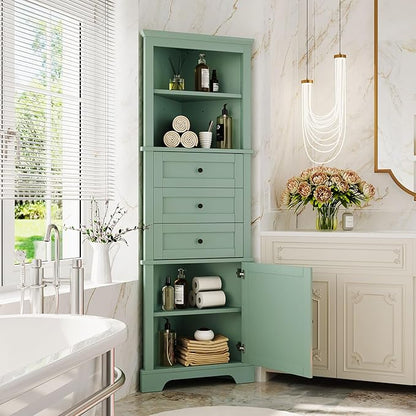 Favfurish 69" Tall Corner Cabinet with Door and 3 Drawers,Modern Bathroom Storage Cabinets w/Adjustable Shelves,Freestanding Organizer for Bathroom,Kitchen,Living Room,Dining Room,Green