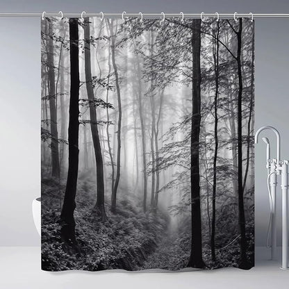 Misty Forest Shower Curtain Black White Foggy Nature Landscape Grey Fantasy Fog Tree Rustic Farmhouse Outdoor Bath Curtain with Hook 85Wx70H Inch