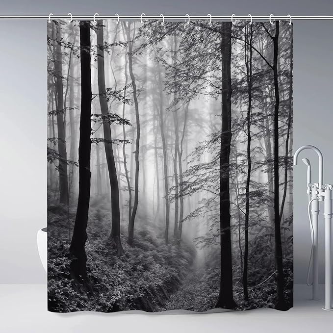 Misty Forest Shower Curtain Black White Foggy Nature Landscape Grey Fantasy Fog Tree Rustic Farmhouse Outdoor Bath Curtain with Hook 70Wx80H Inch