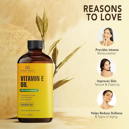 Botanic Hearth Vitamin E Oil (Glass Bottle 2 Fl Oz) | 100% Pure and Natural Oil for Growth of Nails, Hair, Eyebrows & Eyelashes | 35,000 Iu | Hair & Body Oil with Eyebrow & Eyelash Brush