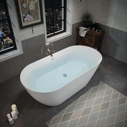 ABRUZZO 55" Acrylic Freestanding Bathtub - Oval Deep Soak Tub, Center Drain & Overflow, cUPC Certified Glossy White