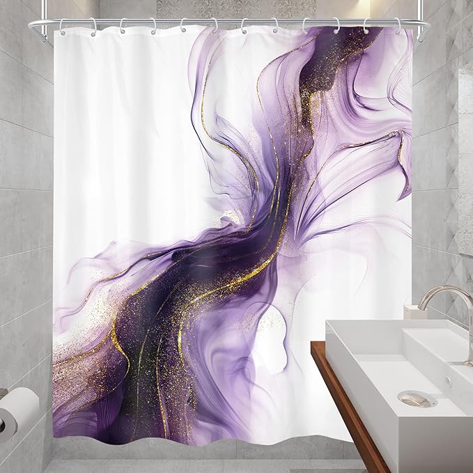 Cinbloo Purple Shower Curtain 60Wx72H Abstract Marble Ombre Gold Bathroom Decor for Women Modern Elegant Ink Texture Minimalist Chic Aesthetic Artistic Neutral Bath Curtain Fabric with 12 Hooks