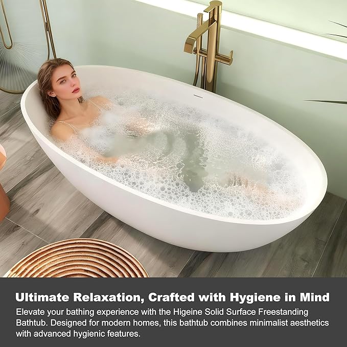 Upgraded 61" Solid Surface Freestanding Bathtub, Oval Stone Resin Tub with Overflow and Pop-up Drain, Matte White