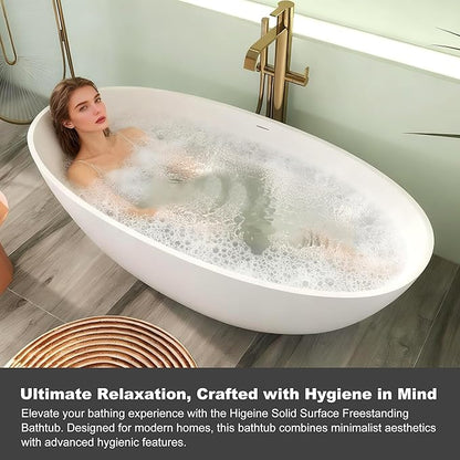 71" Premium Solid Surface Freestanding Bathtubs, Oval Stone Resin Tub with Overflow and Pop-up Drain, Matte White