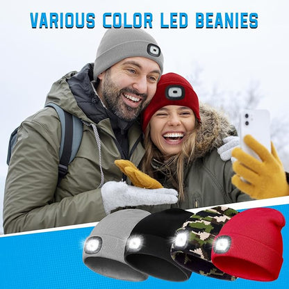 Christmas Stocking Stuffers for Men Adults, Beanie Hats with Light, USB Rechargeable LED Hand Free Headlamp, Birthday Gifts for Men, Women, and Teens, Ideal for Camping, Hiking, 2 Pack, Grey