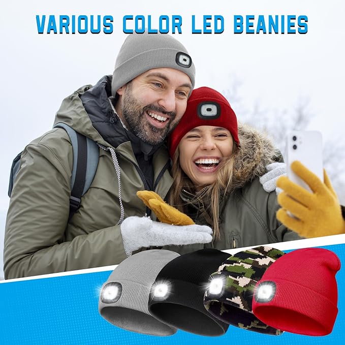 Christmas Stocking Stuffers for Men Adults, Beanie Hats with Light, USB Rechargeable LED Hand Free Headlamp, Birthday Gifts for Men, Women, and Teens, Ideal for Camping, Hiking, Grey