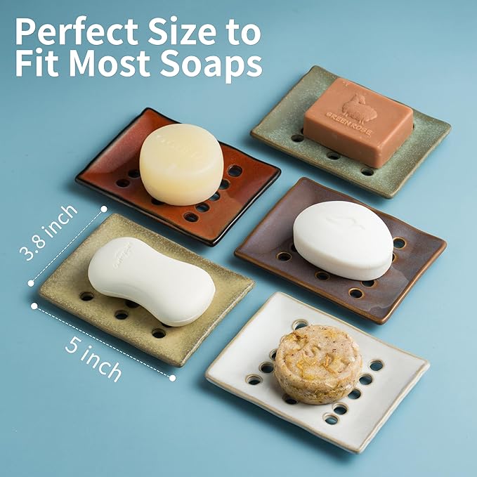 Soap Dish with Self Drain, Bar Soap Holder for Bathroom and Kitchen Sink, Rectangular Soap Dishes for Shower Ceramic Soap Saver, Japanese Soap Tray, White