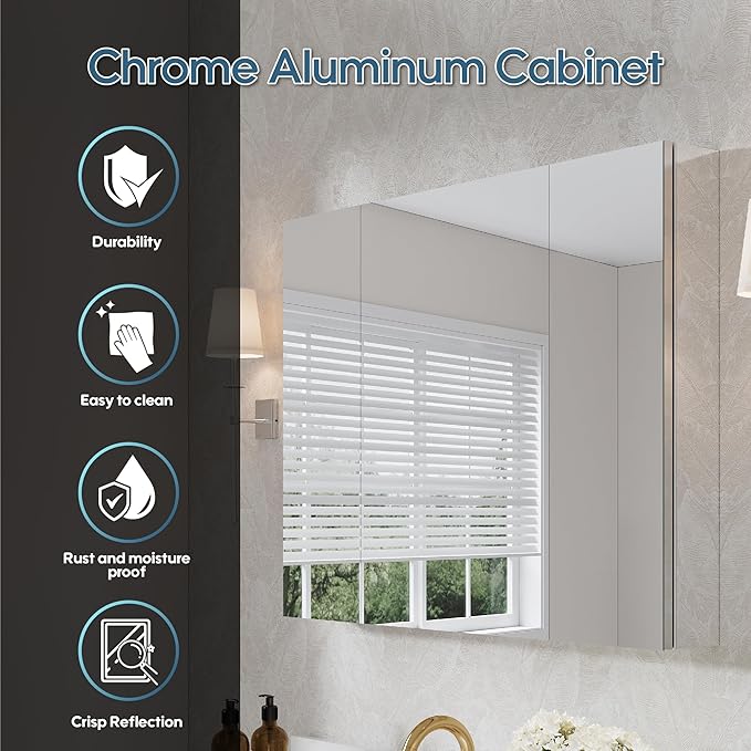 WELLFOR 40" x 30" Bathroom Medicine Cabinet, Anodized Chrome Aluminum Frame, Medicine Cabinet with Adjustable Glass Shelves, Bathroom Mirror Cabinet, Surface or Recessed Mount, Three Doors