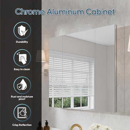 WELLFOR 40" x 30" Bathroom Medicine Cabinet, Anodized Chrome Aluminum Frame, Medicine Cabinet with Adjustable Glass Shelves, Bathroom Mirror Cabinet, Surface or Recessed Mount, Three Doors
