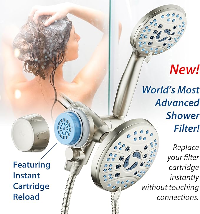 AquaCare Skin & Hair - World's Only Shower Head Combo Filter with Built-in 3-way Water Diverter, ON/OFF Filtration Modes, Instant Cartridge Reload & Stay-Clean American KDF Cartridge, Satin Nickel