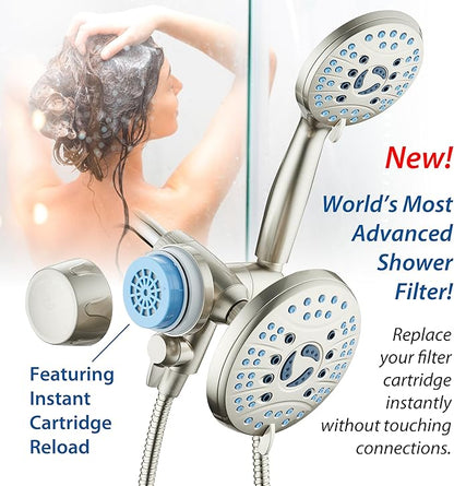 AquaCare Skin & Hair - World's Only Shower Head Combo Filter with Built-in 3-way Water Diverter, ON/OFF Filtration Modes, Instant Cartridge Reload & Stay-Clean American KDF Cartridge, Satin Nickel