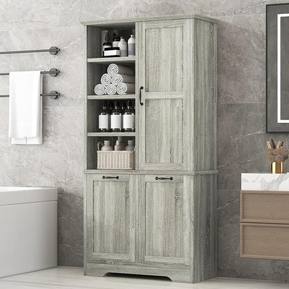 Favfurish 68" Tall Bathroom Storage Cabinet with Door and 2 Tilt-Out Laundry Hampers,Modern Linen Cabinets w/Open Shelf & Adjustable Shelves,Freestanding Organizer for Laundry Room,Kitchen,Oak