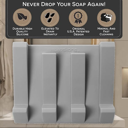 Silicone Soap Dish (USA Patented) Self Draining Bar Soap Holder for Shower Bathroom Sink, Drying Soap Dish Tray Kitchen Sponge Holder Easy Cleaning Soap Saver Mat (Light Grey, 2)
