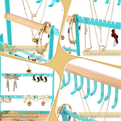 DreamGenius Jewelry Organizer Stand with Velvet Ring Holder, 4 Tier Jewelry Holder Organizer with 15 Hooks for Necklaces and 16 Holes for Earrings, Blue