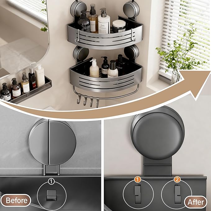 Corner Suction Cup Shower Caddy(2-Pack Gray),No-Drilling Aluminum Shower Shelf with Towel Bar & Hooks,Removable Bathroom and Kitchen Storage Organizer