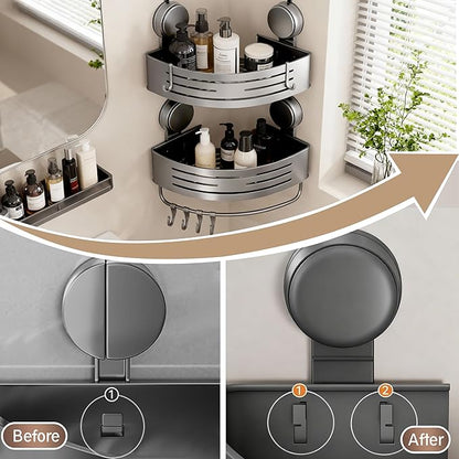 Corner Suction Cup Shower Caddy(2-Pack Gray),No-Drilling Aluminum Shower Shelf with Towel Bar & Hooks,Removable Bathroom and Kitchen Storage Organizer