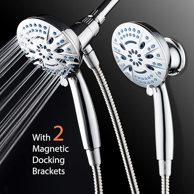 Magneton High-Pressure 8-mode Handheld Shower Head with Magnetic Guidance Docking System - 2 Magnetic Brackets, 5 inch Face, Hygienic Jets, 6 ft. Stainless Steel Hose/All Chrome Finish