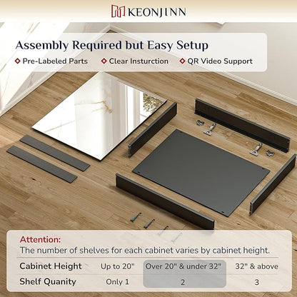 Keonjinn 48 x 26 Inch Medicine Cabinet, Assembly Required, Black Bathroom Medicine Cabinets Mirror, Lightweight, Adjustable Shelves, Surface Mount or Recessed, Tempered Glass
