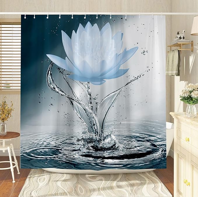 Lotus Shower Curtain Black White Blue Flower Elegant Blooming Floral with Dew Spring Flower Reflection on Water Modern Romantic Polyester Fabric Bathroom Decor 70×70 Inch with Hook