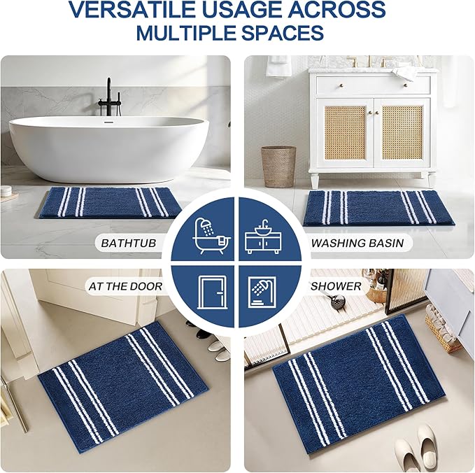 Kmson Bathroom Rugs Mat, 17"x24" Ultra Soft Washable Shaggy Chenille Bath Rugs, Non-Slip Fluffy Thick Water Absorbent Microfiber Mat for Bathtub, Sink and Shower, Navy Blue